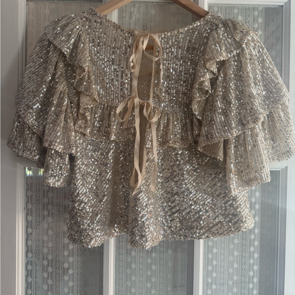 Free People Gold Sequin Ruffle Short Sleeve Top - Picture 10 of 10